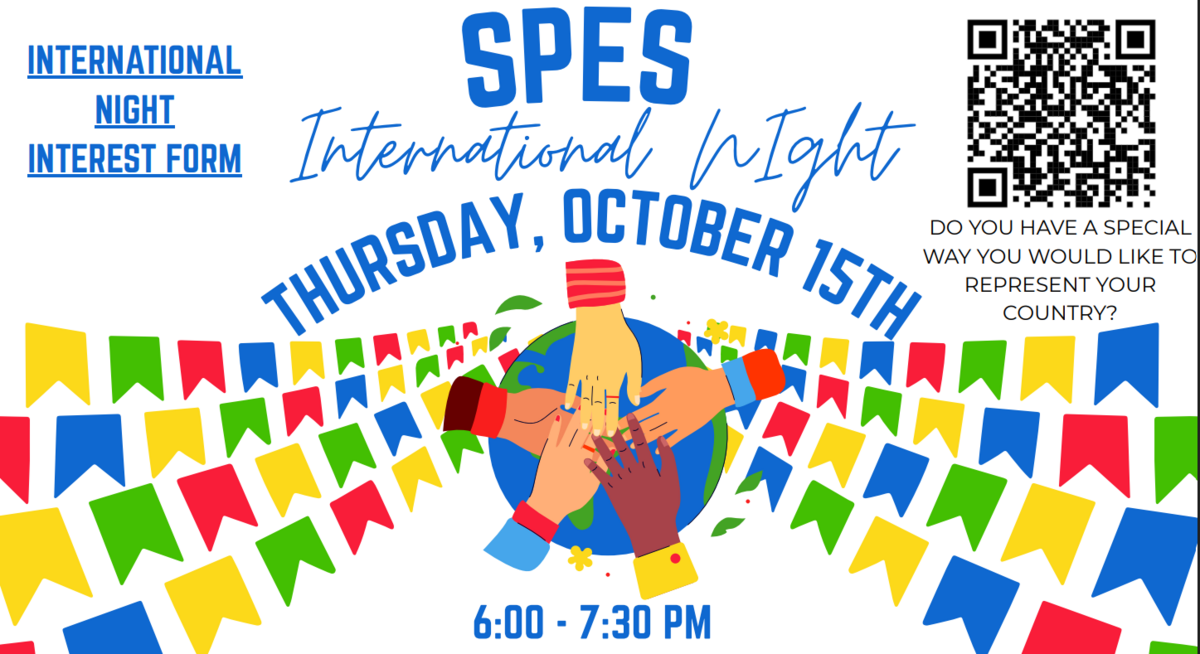 A colorful flyer for SPES International Night on Thursday, October 15th, featuring a globe illustration and colorful flags.