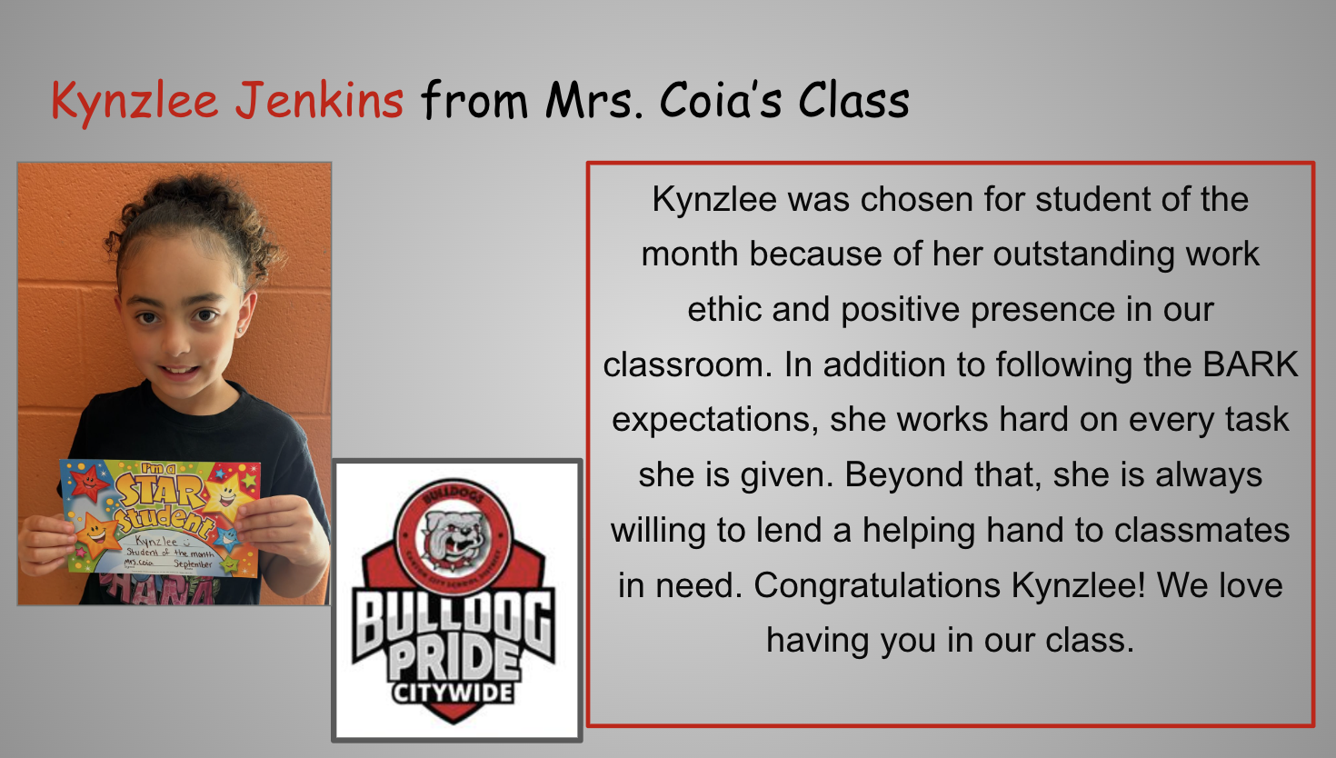 A student named Kynzlee Jenkins is featured as the student of the month for Mrs. Coia's class.