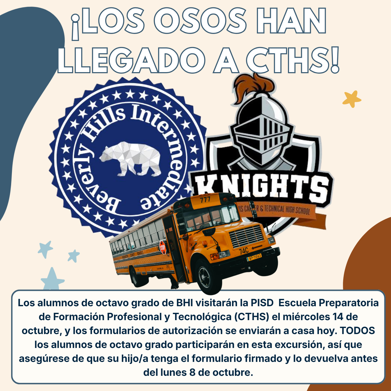 A graphic features a yellow school bus, the Beverly Hills Intermediate bear logo, and a knight mascot for CTHS, announcing a school trip in Spanish.