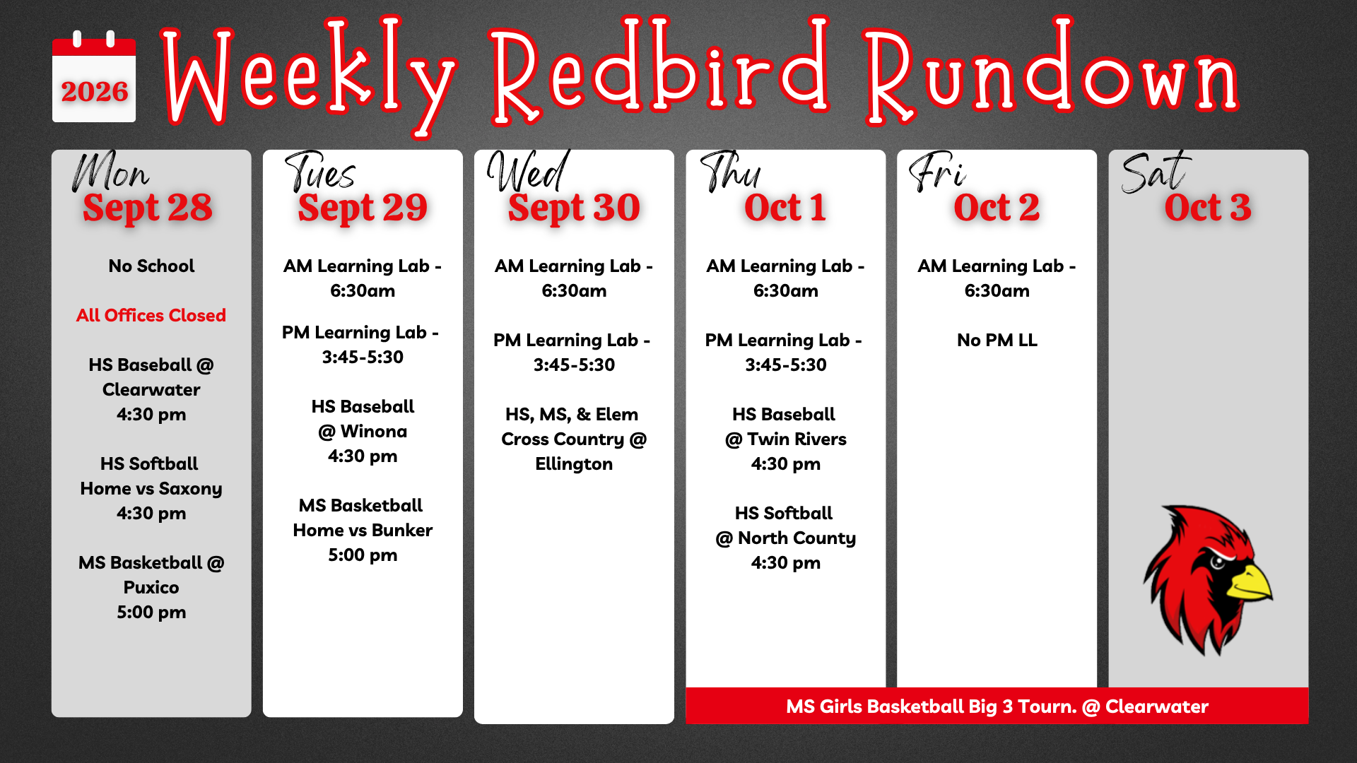 Redbird Rundown (September 28th - October 3rd)