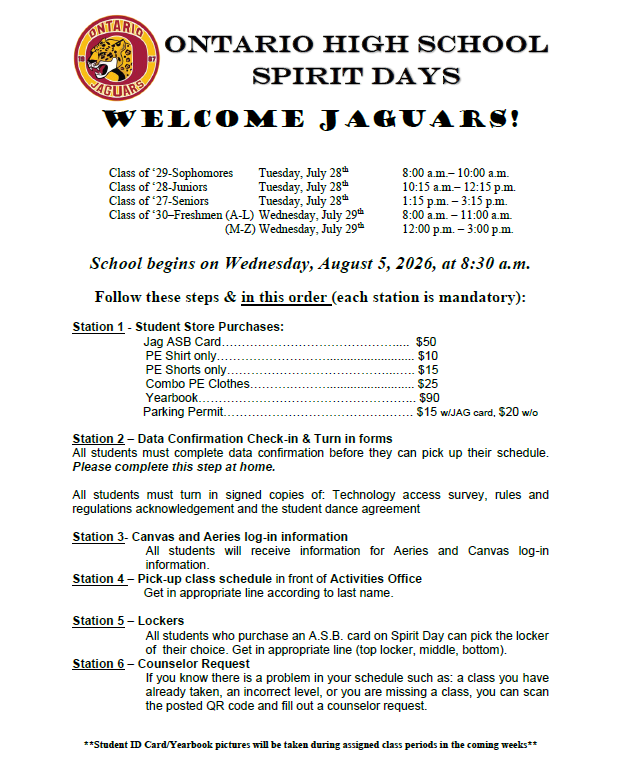 OHS Class Schedule Pick Up Day AKA OHS Spirit Days! 