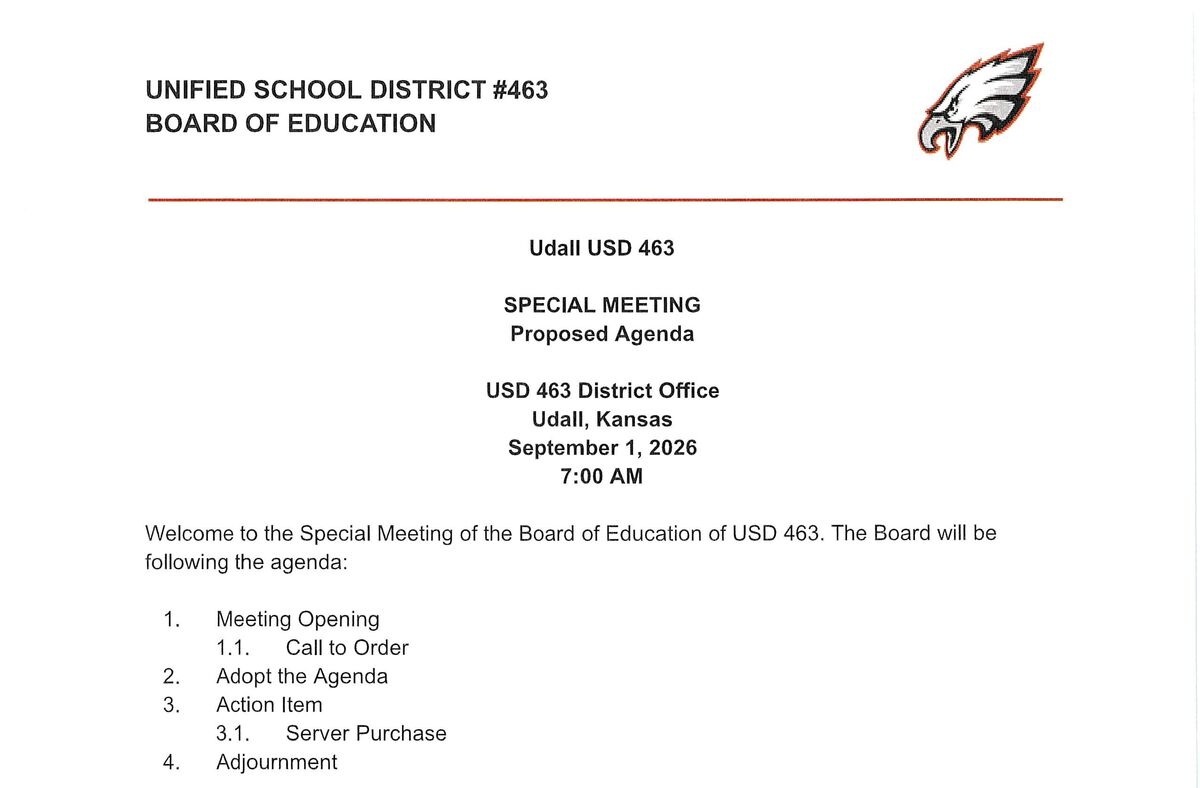 Board of Eduation Notice of Special Meeting 9/1/2026