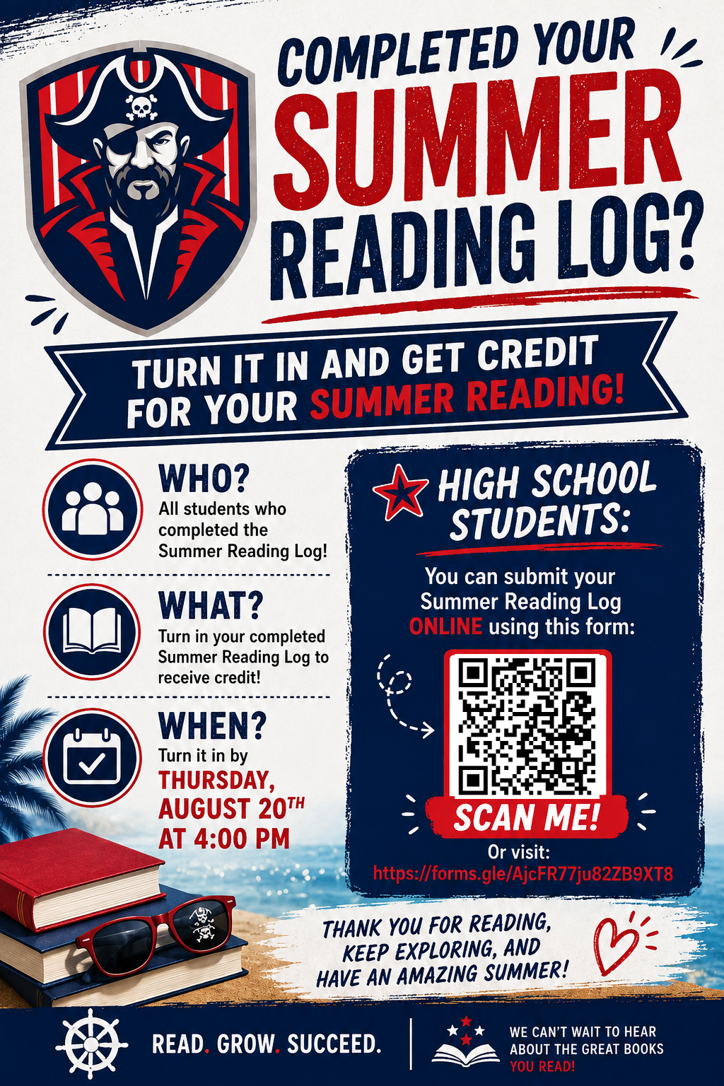 📚 Summer Reading Logs Are Due! ☀️🏴‍☠️