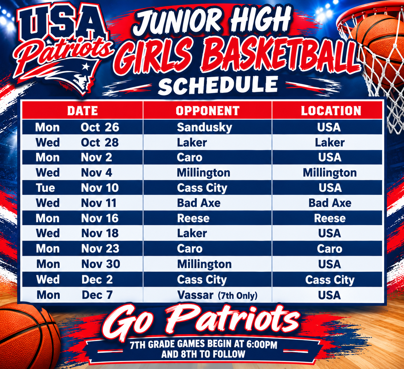 Junior High Girls and Boys Basketball Schedule