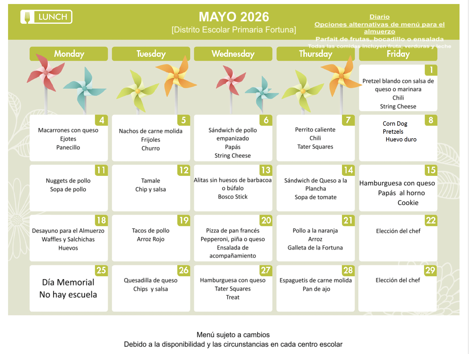 A May 2026 school lunch menu for Fortuna Elementary School, featuring daily meal options.