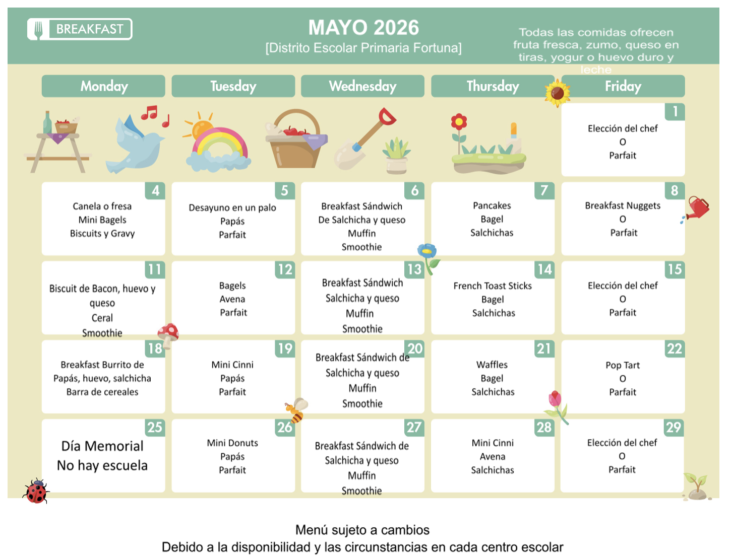 May 2026 breakfast menu for Fortuna Elementary School District with daily meal options.
