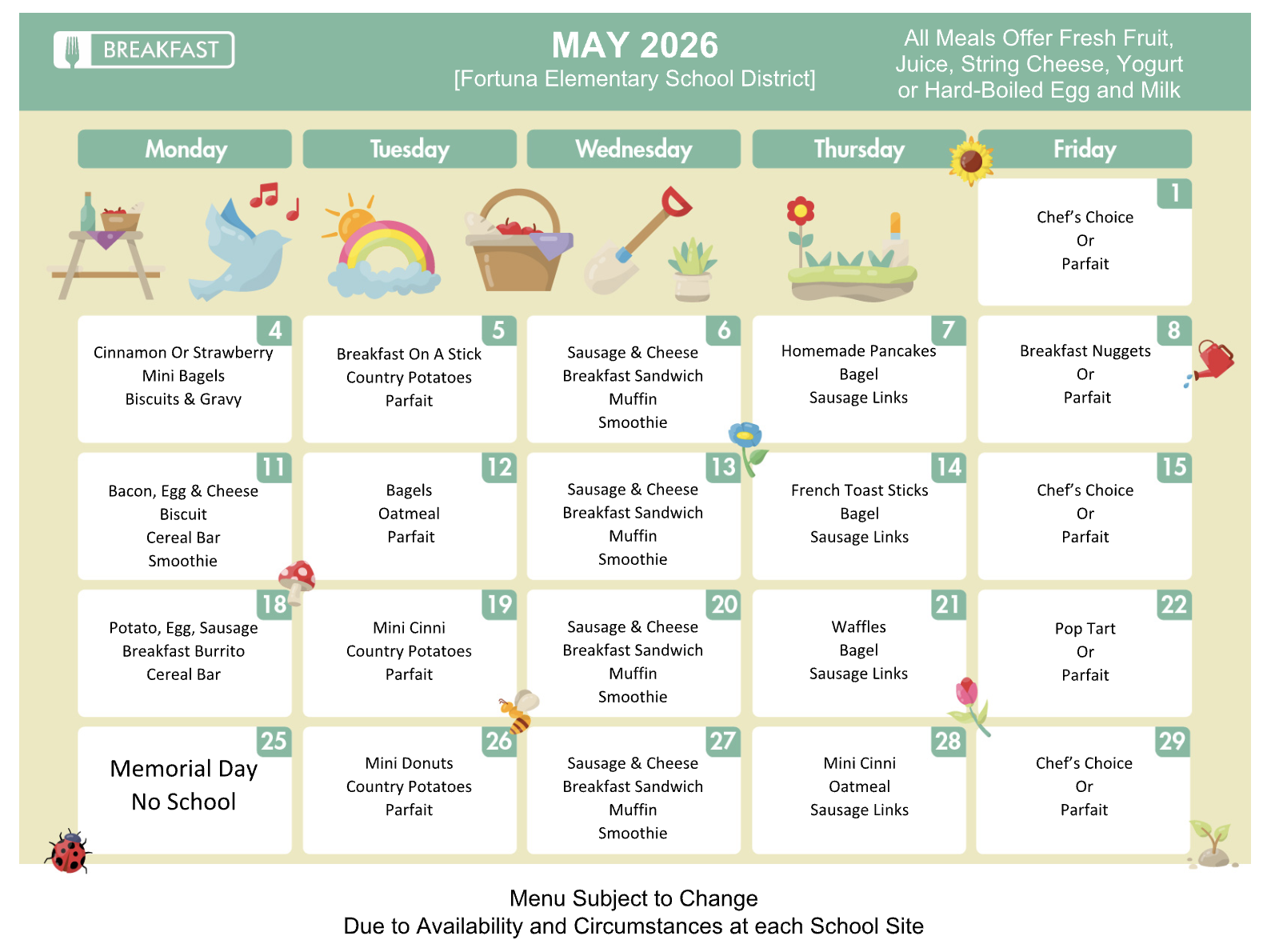 2026-27 Calendar, May Menus, and the May Calendar of Events