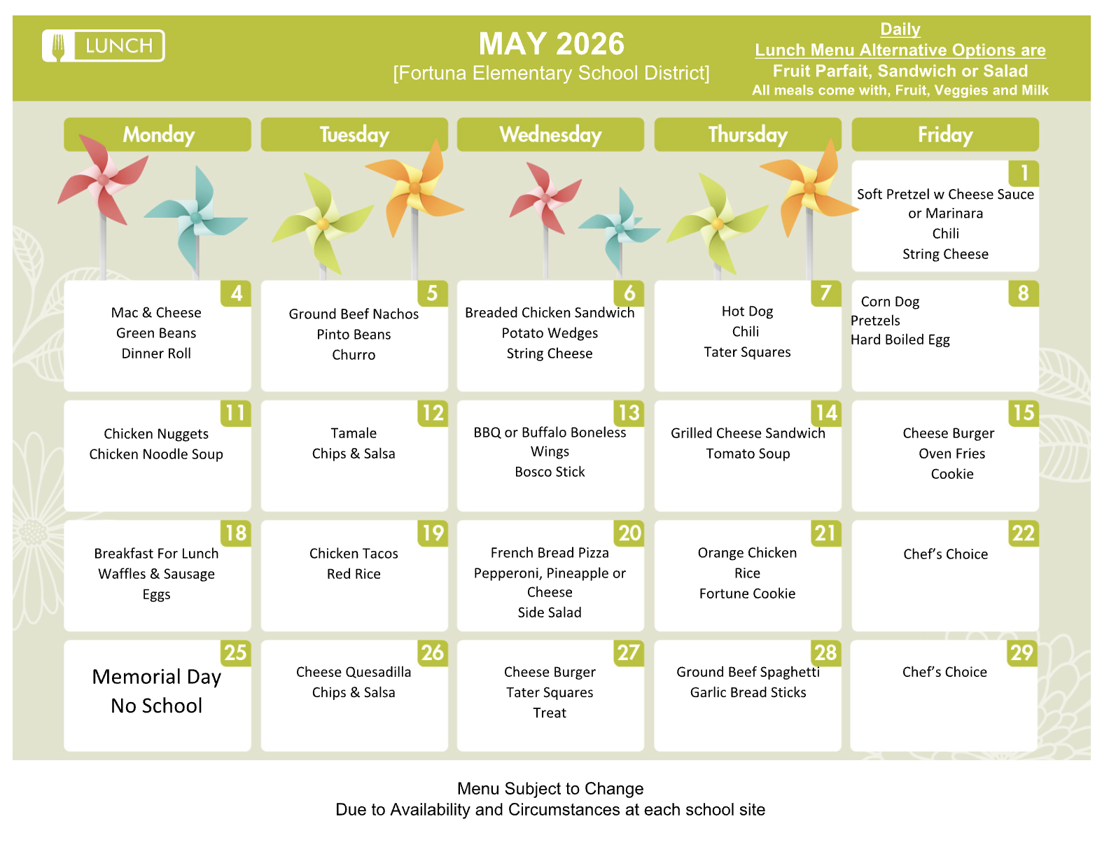 May 2026 lunch menu for Fortuna Elementary School District, featuring daily meal options.