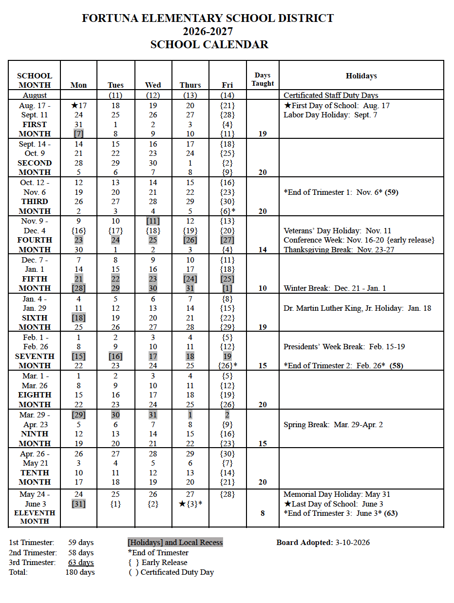 Fortuna Elementary School District 2026-2027 school calendar showing monthly dates and holidays.