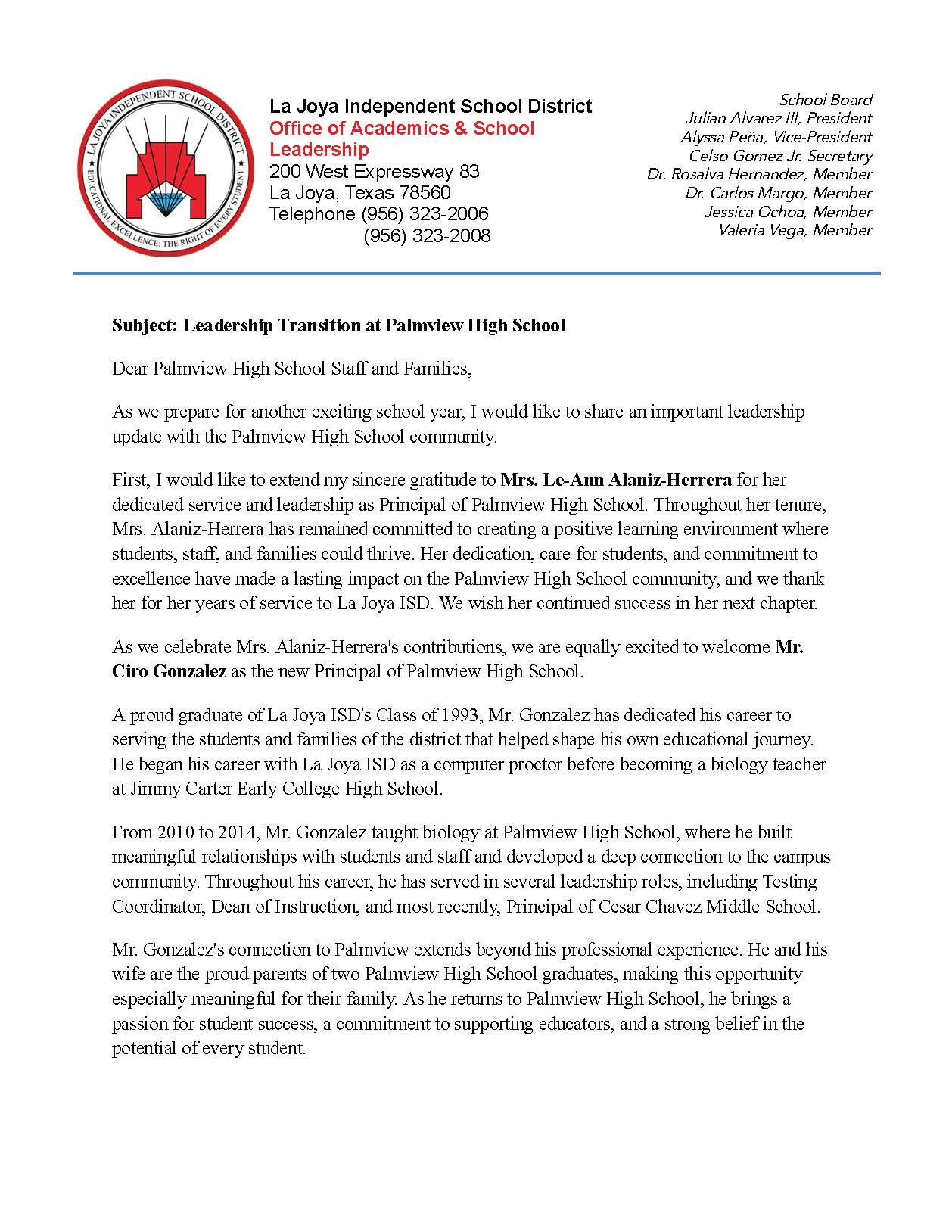 Leadership Transition at Palmview High School