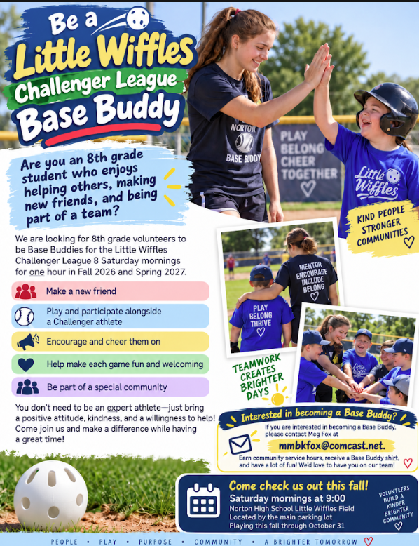 We are looking for 8th grade volunteers to be Base Buddies for the Little Wiffles