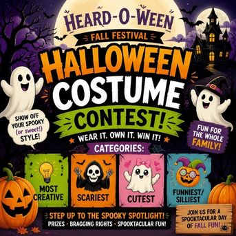 A promotional flyer for the Heard-O-Ween Fall Festival Halloween Costume Contest, featuring friendly ghosts, pumpkins, and a haunted house.