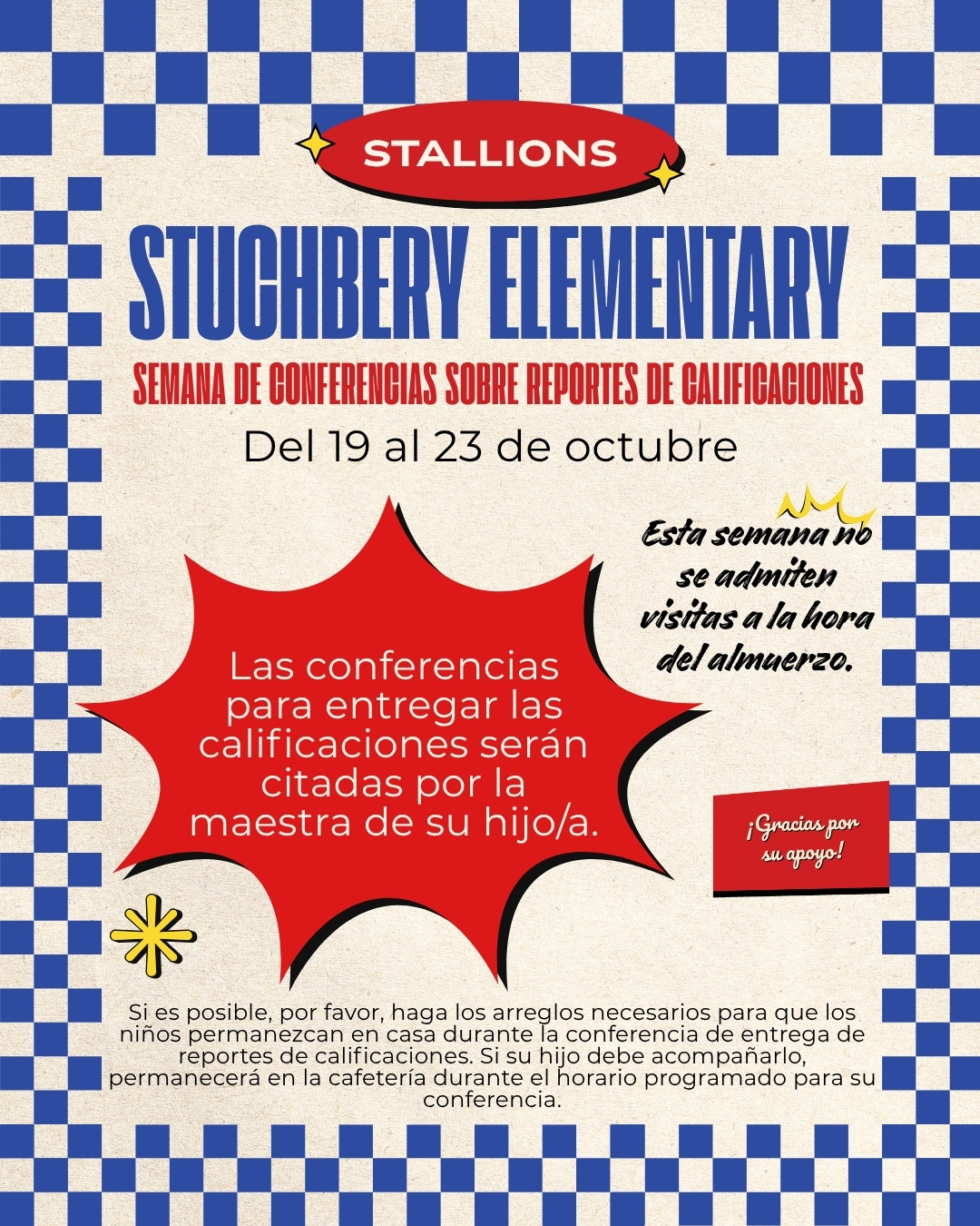 An informational flyer in Spanish for Stuchbery Elementary's report card conference week, October 19-23.