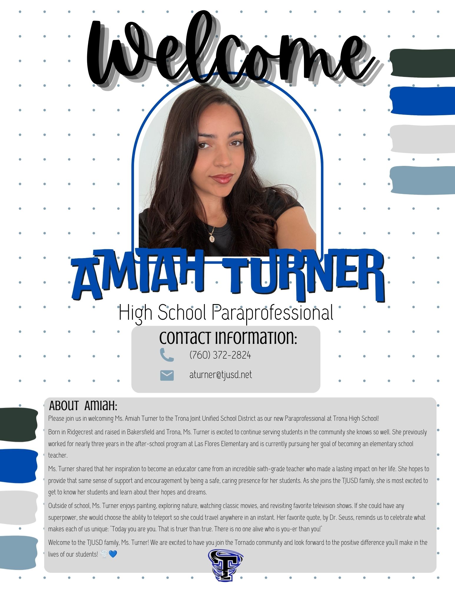  Welcome To the TJUSD Team Amiah!