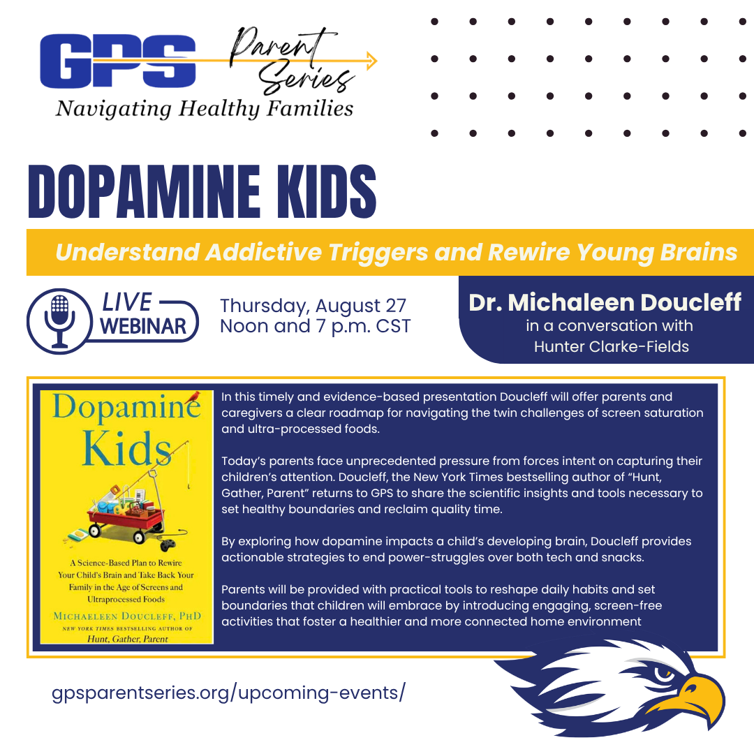 Promotional graphic for a live webinar titled 'Dopamine Kids' by Dr. Michaleen Doucleff.