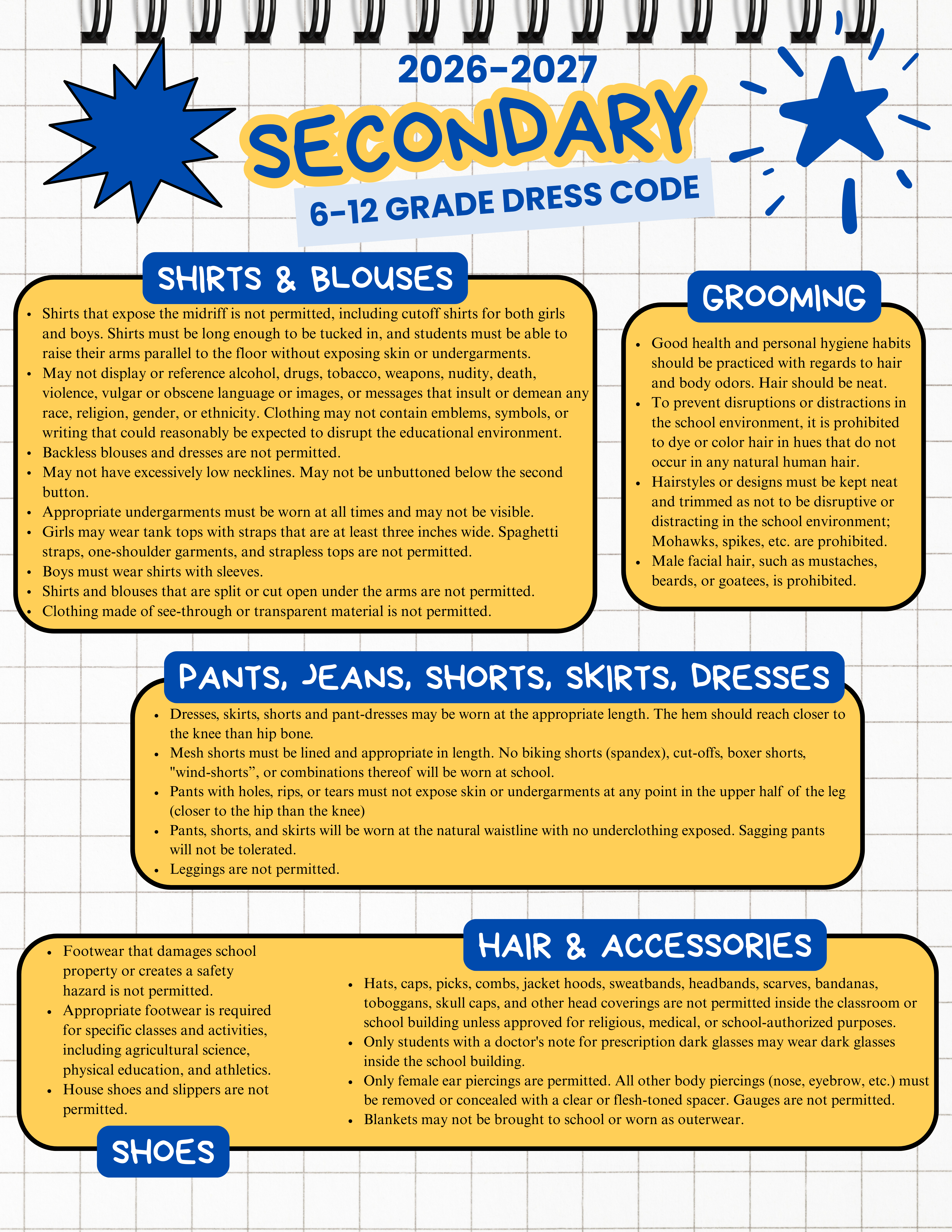 A school dress code document for grades 6-12, covering shirts, blouses, pants, jeans, shorts, skirts, dresses, grooming, hair, accessories, and shoes.