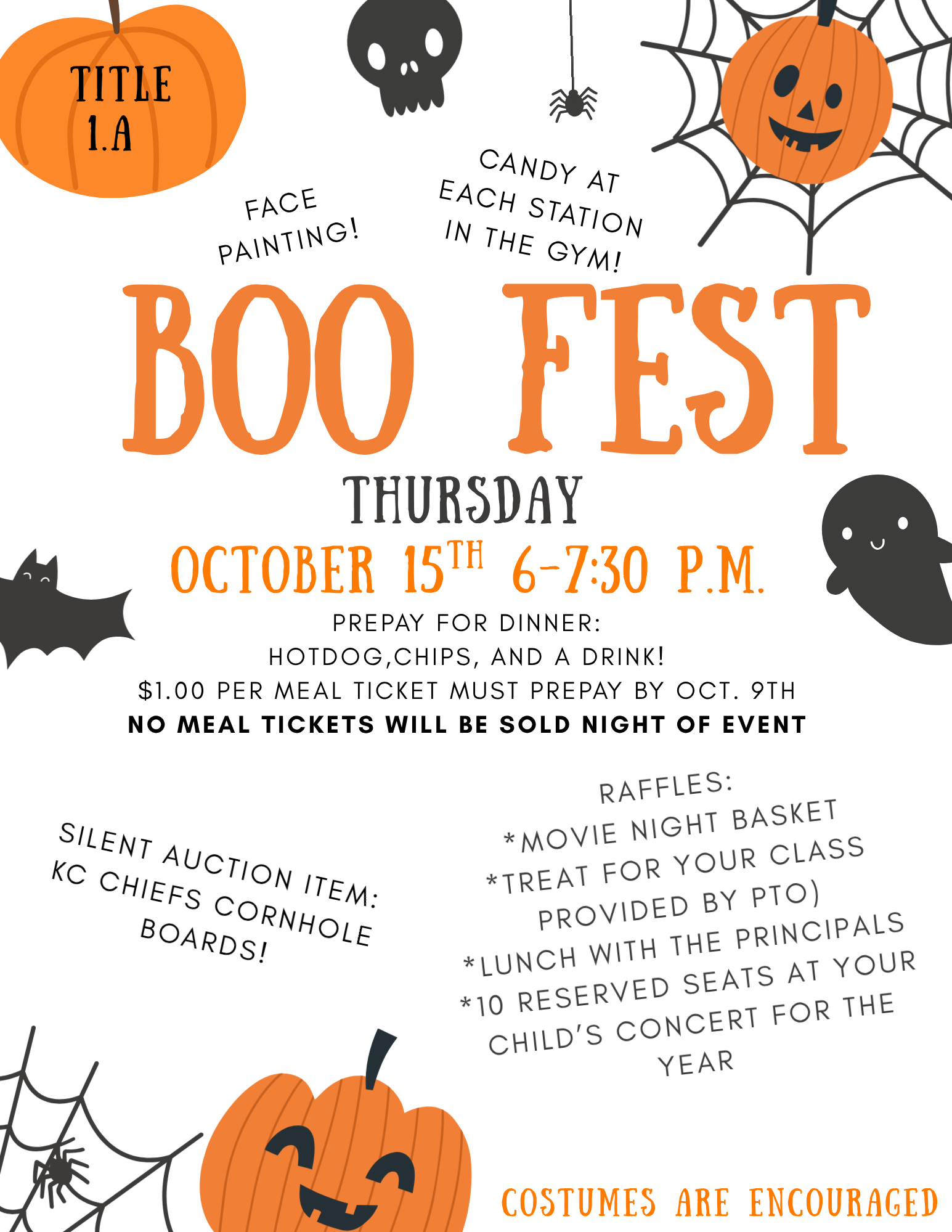 PTO Boo Fest Night coming soon: Thursday, 10/15!  Info on Meal Tickets & Candy Drive: