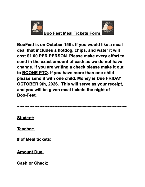 A Boo Fest meal tickets form for an event on October 15th, costing $1 per person for a hotdog, chips, and water.