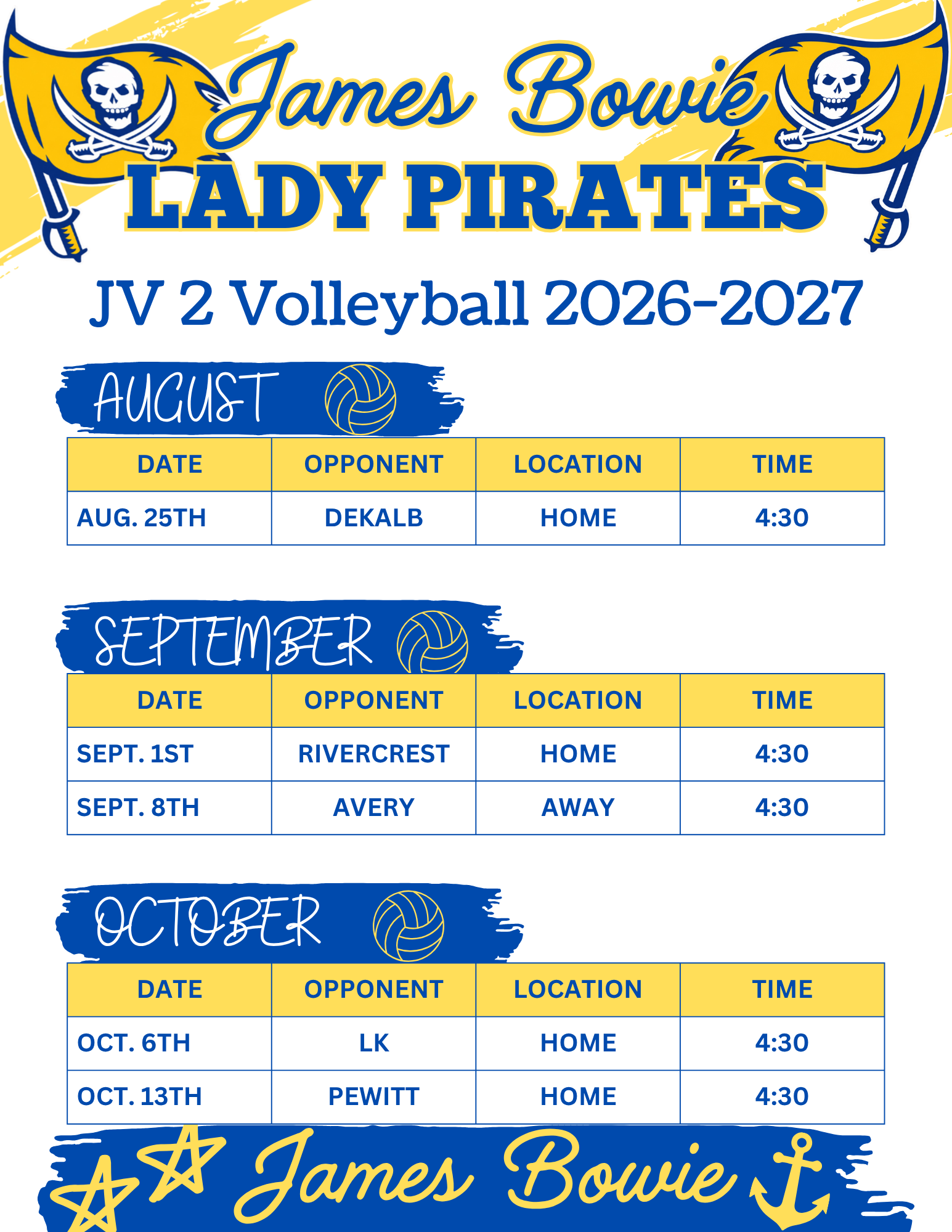 Updated Lady Pirate Volleyball Schedule