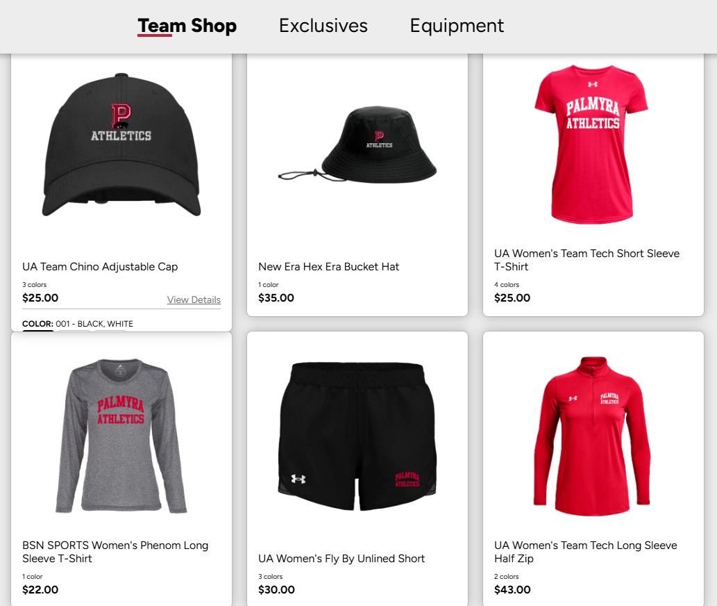 A grid of Palmyra athletics apparel for sale, including caps, hats, t-shirts, shorts, and half-zips.