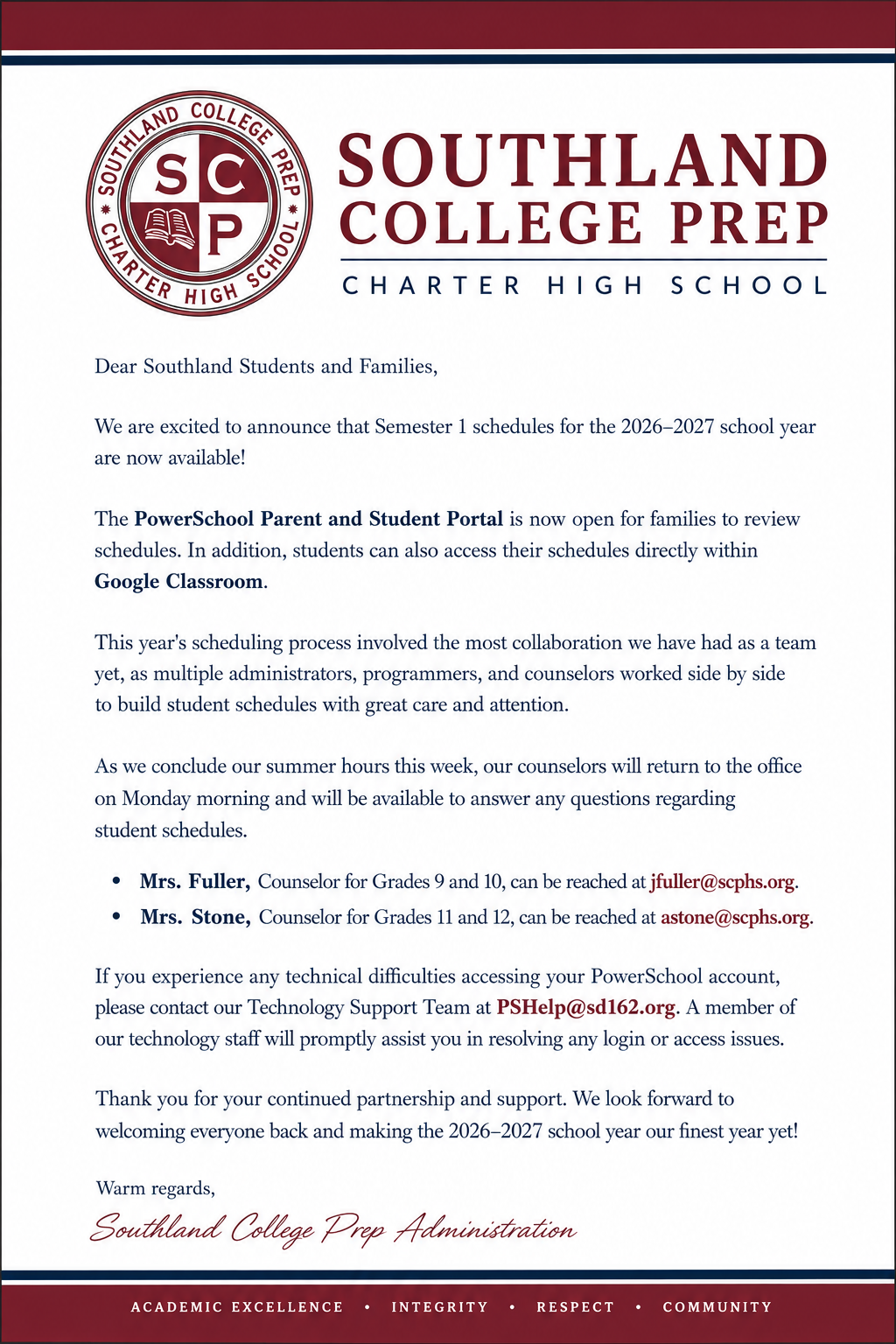 Important Back-to-School Update: Student Schedules Now Available