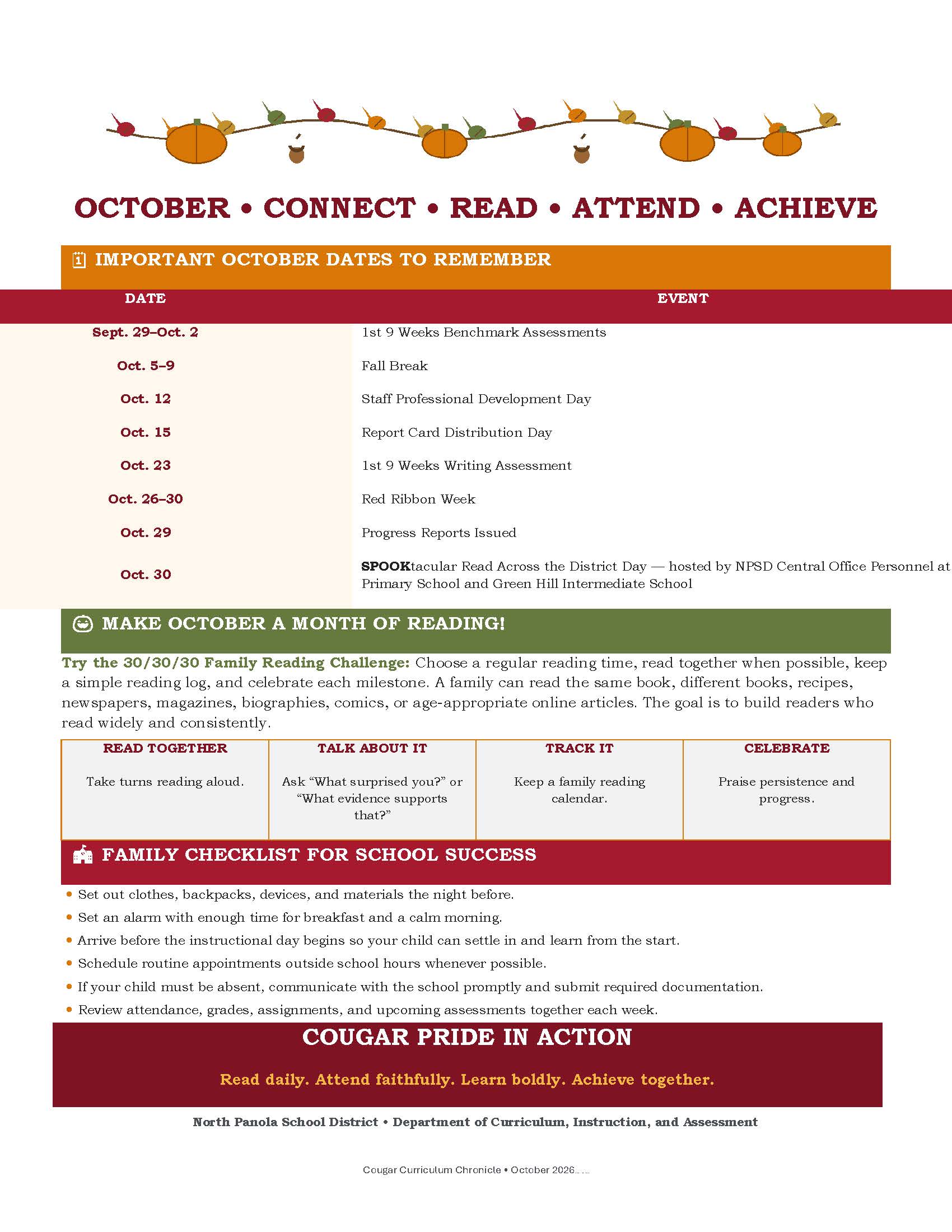 A school district newsletter for October titled 'Connect, Read, Attend, Achieve' with important dates and reading tips.