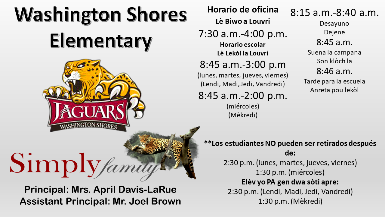 Washington Shores Elementary school logo featuring a jaguar and the text 'JAGUARS WASHINGTON SHORES'.
