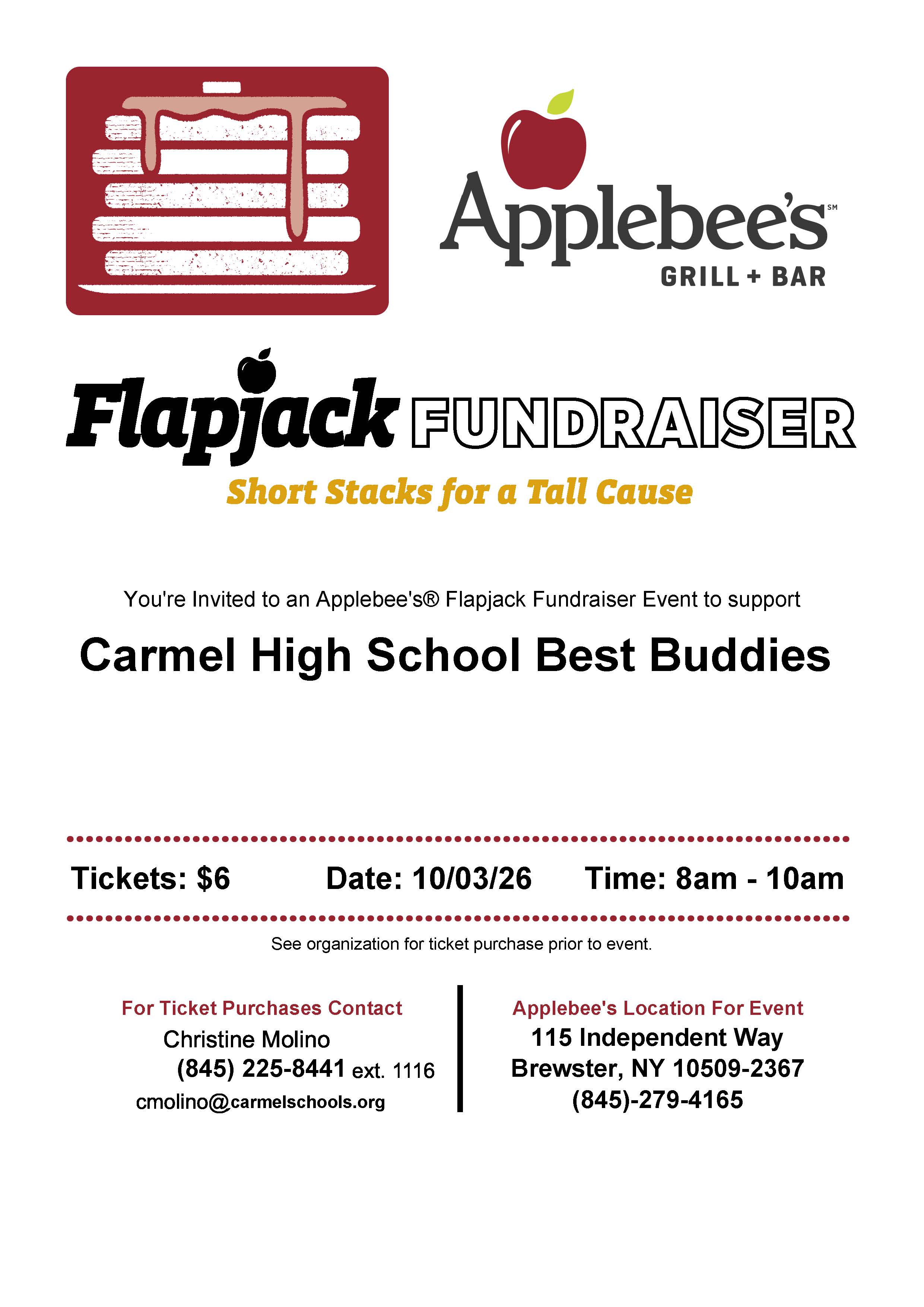 A flyer for an Applebee's Flapjack Fundraiser supporting Carmel High School Best Buddies on October 3, 2026.
