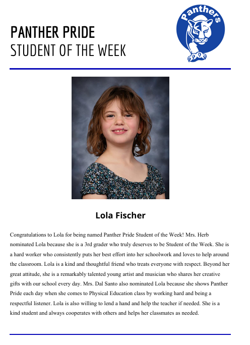 Panther Pride Elementary Student of the Week 10/5/26 - 10/9/26