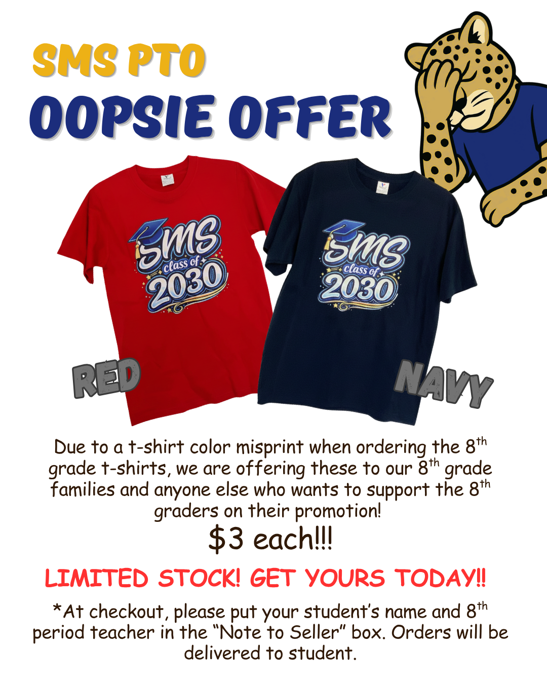 SMS PTO offers 'Oopsie Offer' t-shirts in red and navy for $3 each due to a misprint.