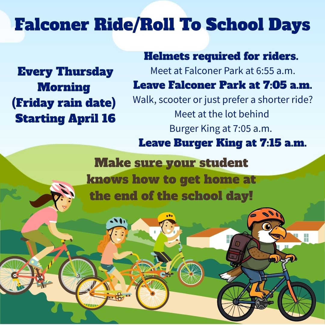 Illustration for Falconer Ride/Roll To School Days, featuring children and a bird mascot biking.