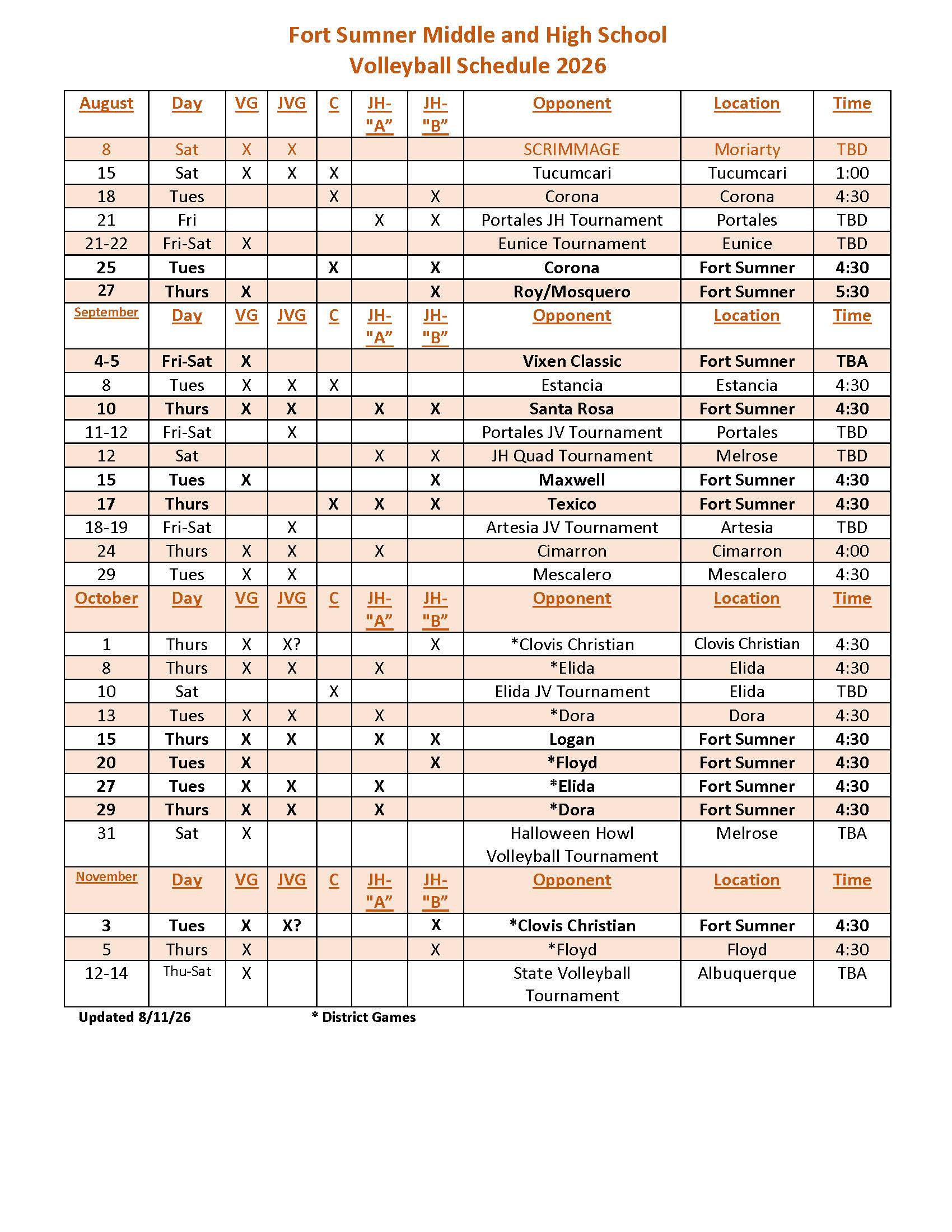 Updated Volleyball Schedule