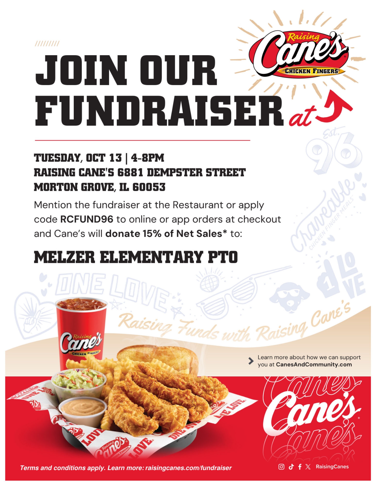 A promotional flyer announces a Raising Cane's fundraiser for Melzer Elementary PTO on Tuesday, Oct 13, from 4-8 PM at the Morton Grove, IL location.