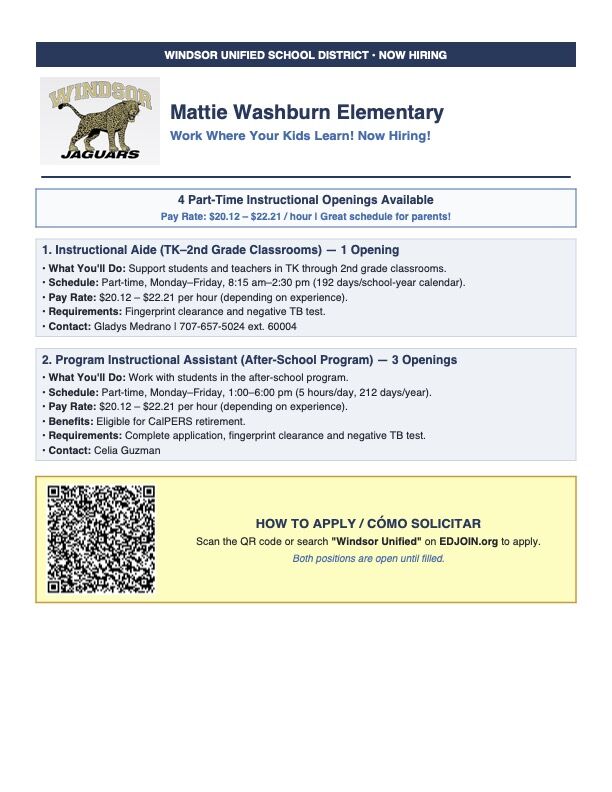 A job advertisement for Mattie Washburn Elementary, listing two part-time positions for instructional aides and assistants.