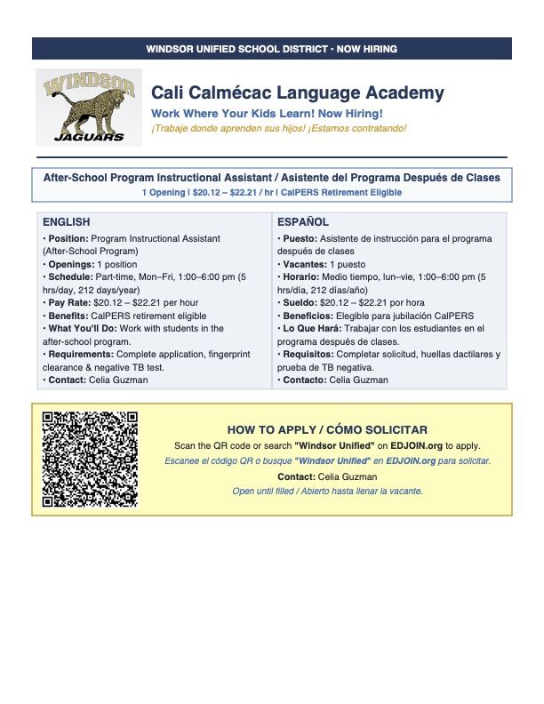 A bilingual job posting for an After-School Program Instructional Assistant at Cali Calmécac Language Academy.
