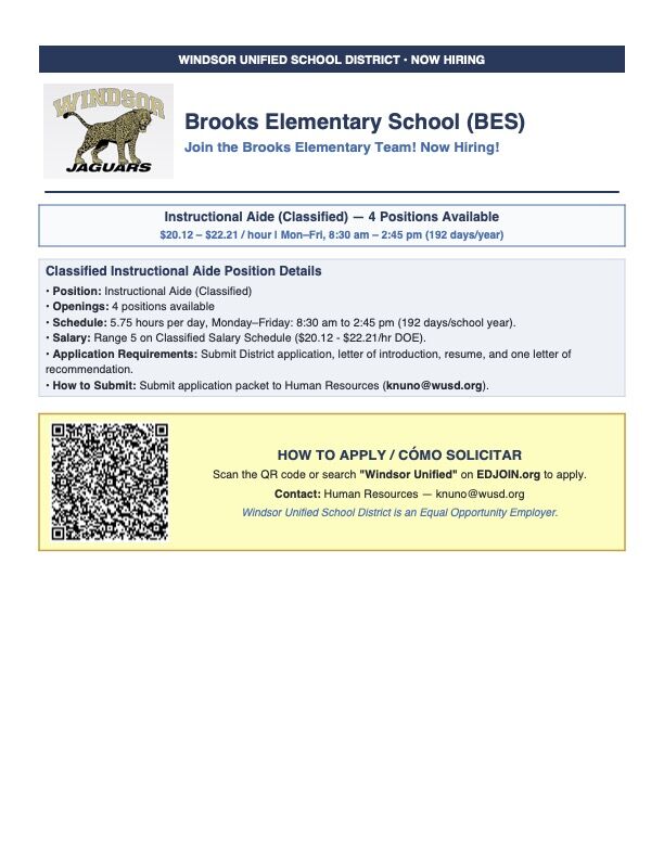 A job posting from Windsor Unified School District for an Instructional Aide at Brooks Elementary School.