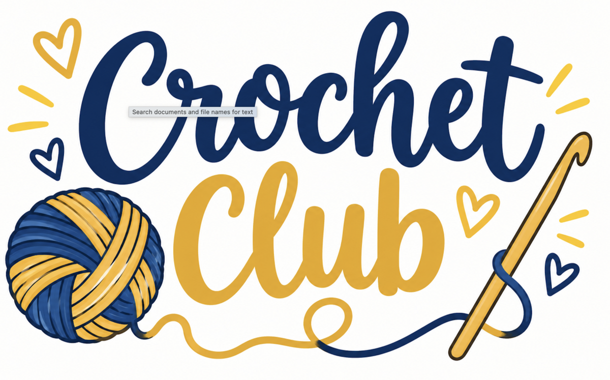 A graphic design featuring the text "Crochet Club" in blue and gold cursive against a white background.