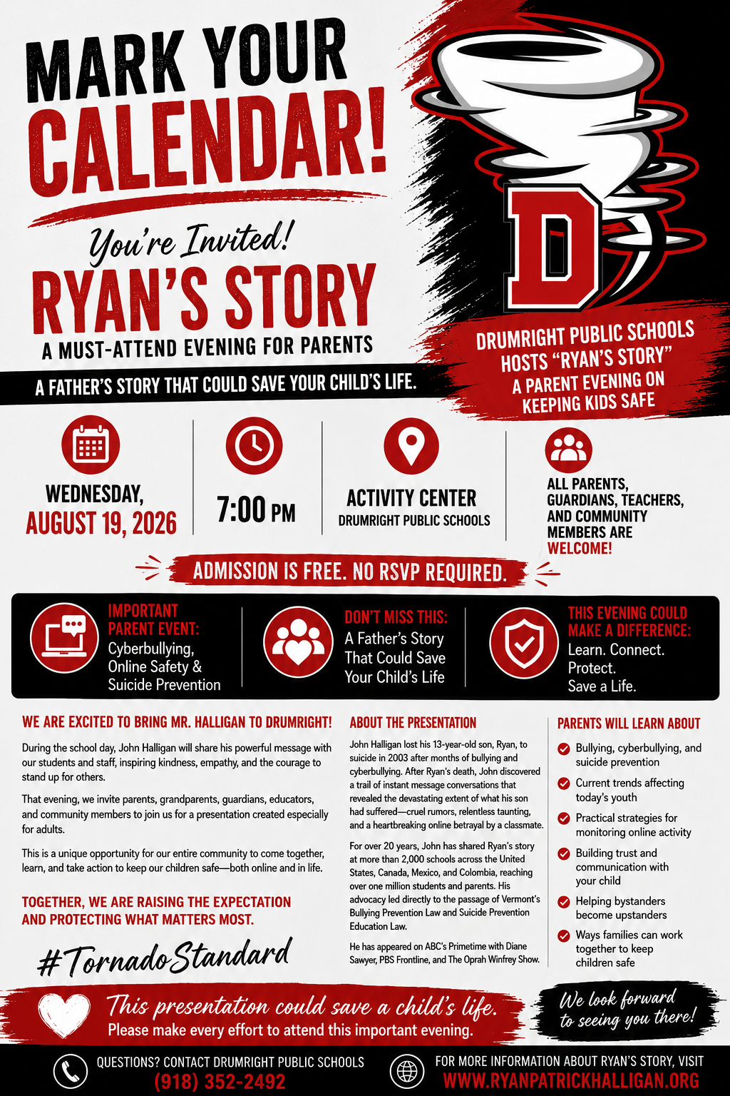 Ryan’s Story  - Invitation for Parents - Wednesday, August 19th 7:00 p.m. Drumright Activity Center