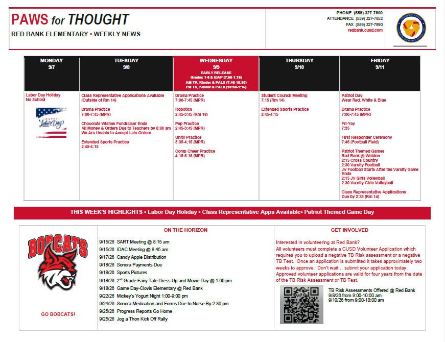 Weekly Calendar September 7-11, 2026