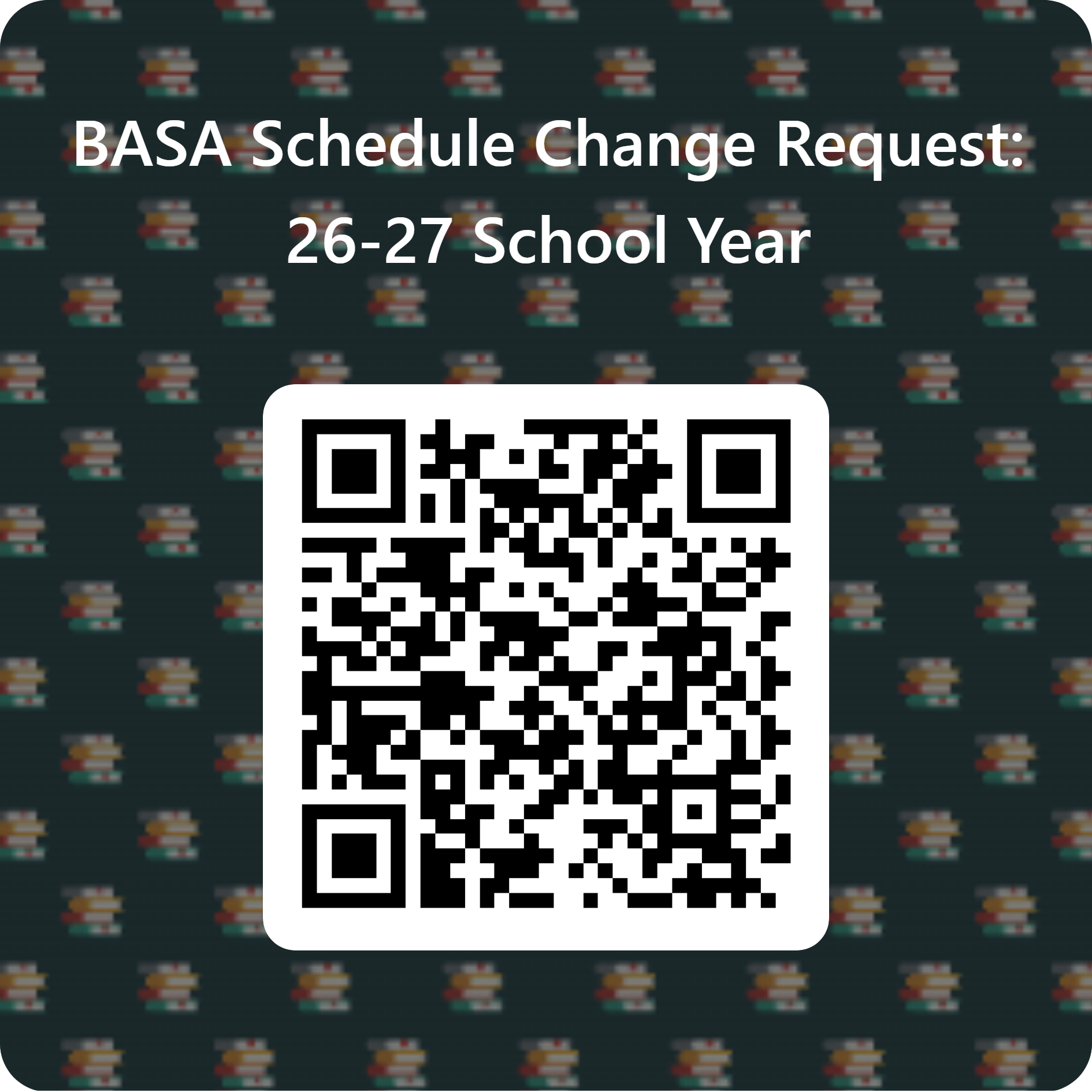 A QR code is displayed on a dark background with a repeating pattern of stacked books.