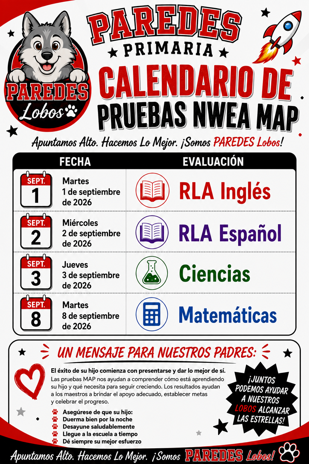 Calendar for Paredes Primary School NWEA MAP tests in September 2026, listing dates for RLA English, RLA Spanish, Science, and Math.