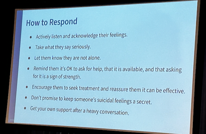 A presentation slide titled 'How to Respond' lists advice for supporting someone.