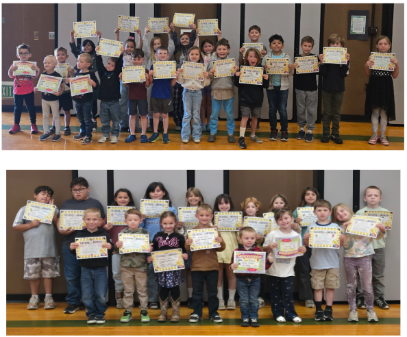 Two groups of smiling children proudly hold up certificates and awards.