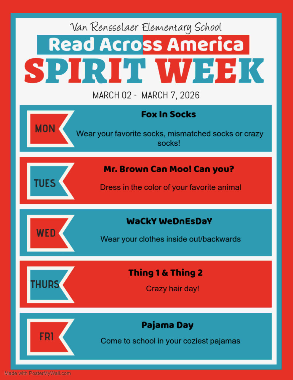 Van Rensselaer Elementary School's Spirit Week schedule for March 2-7, 2026, featuring daily dress-up themes.