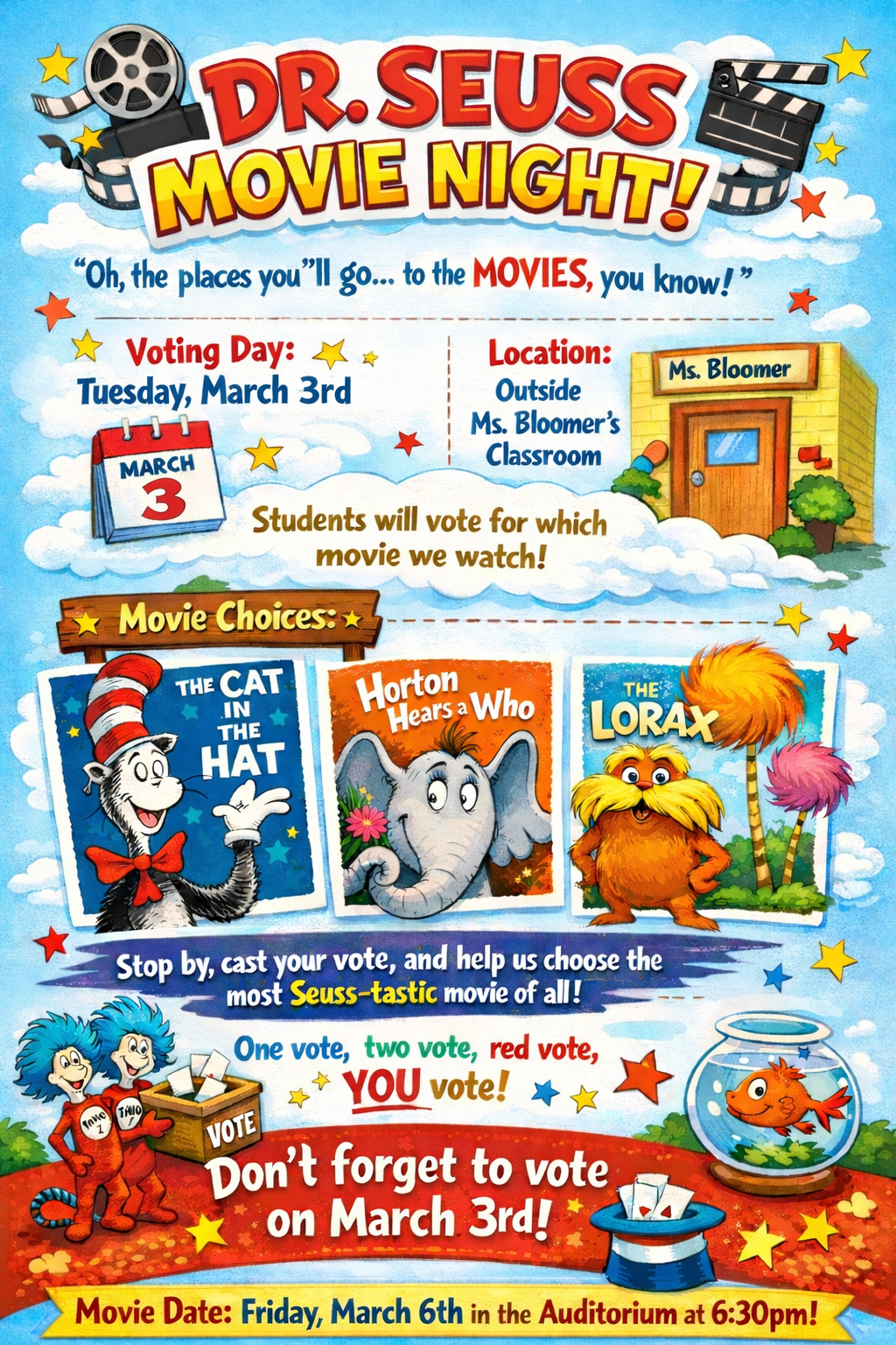 Poster for 'Dr. Seuss Movie Night' featuring movie choices and voting details.