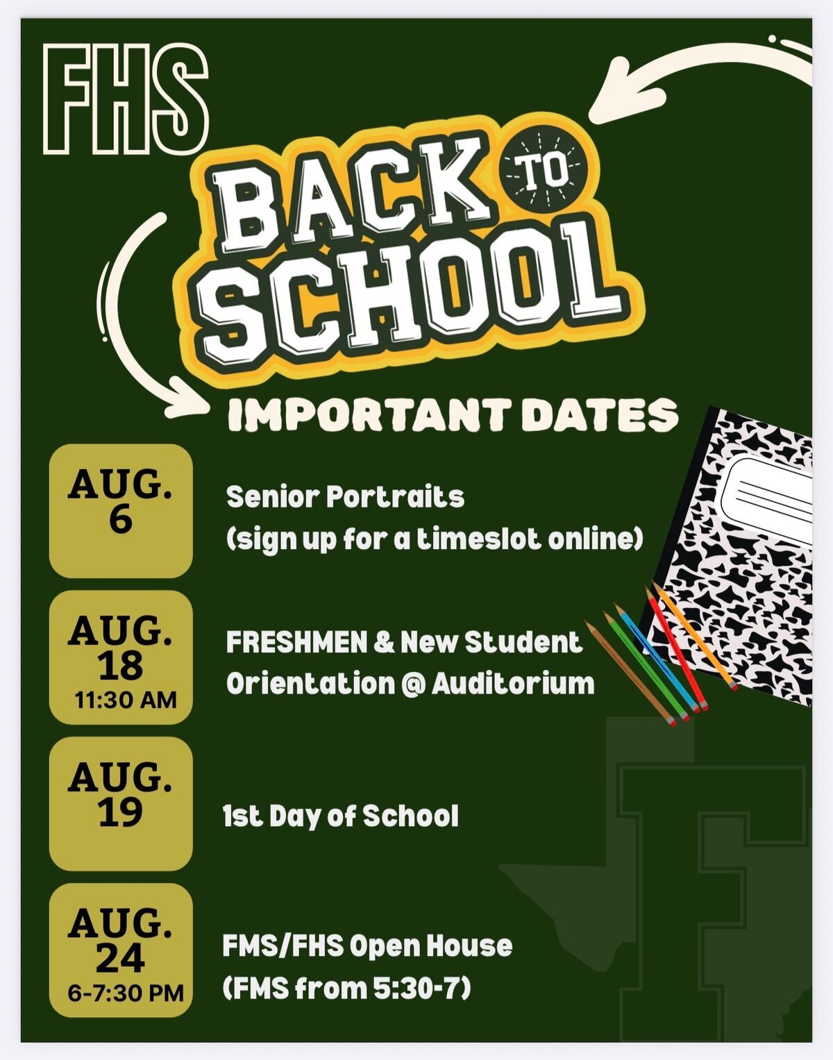 Back to School Important Dates!!!
