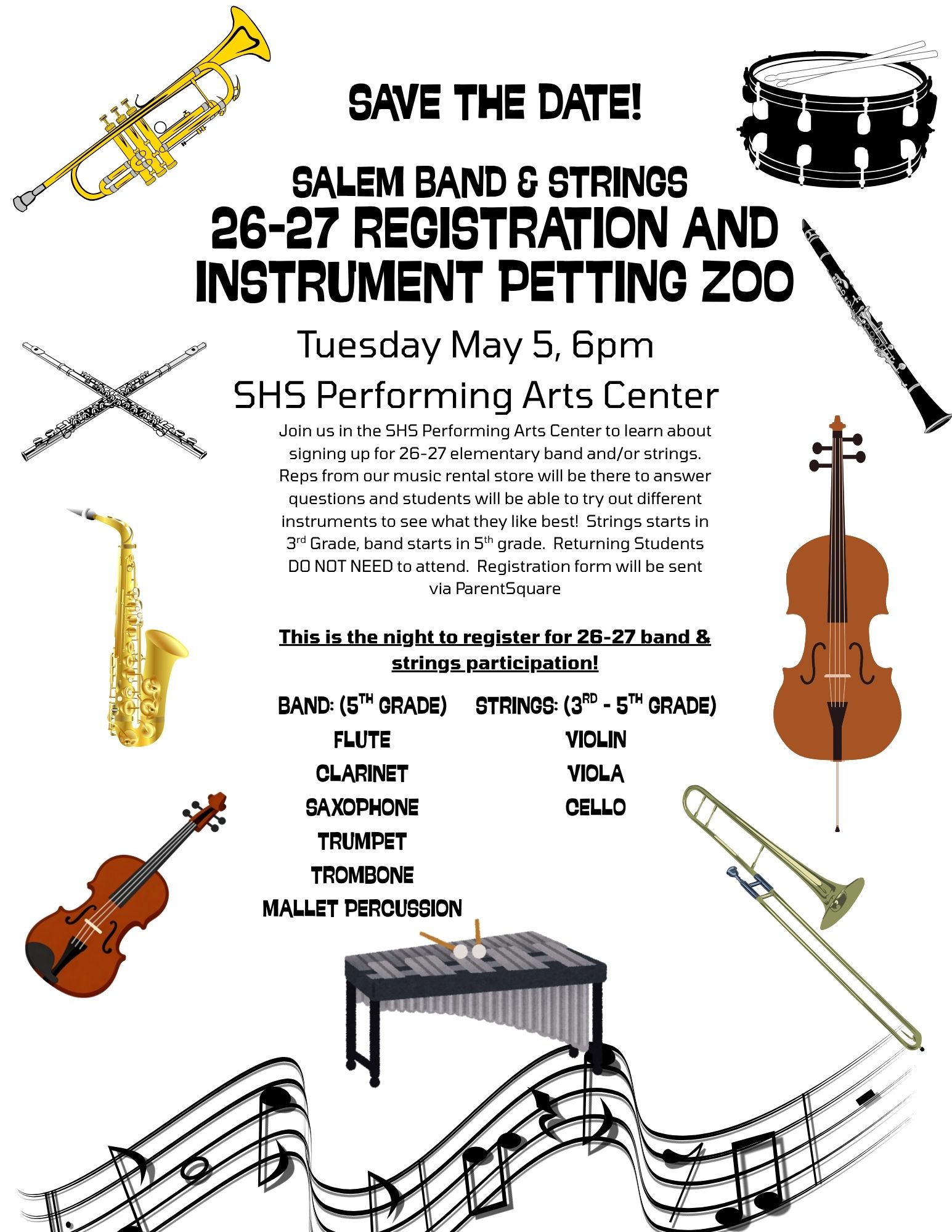 Poster announcing Salem Band & Strings 26-27 Registration and Instrument Petting Zoo on Tuesday, May 5th at 6pm in the SHS Performing Arts Center.