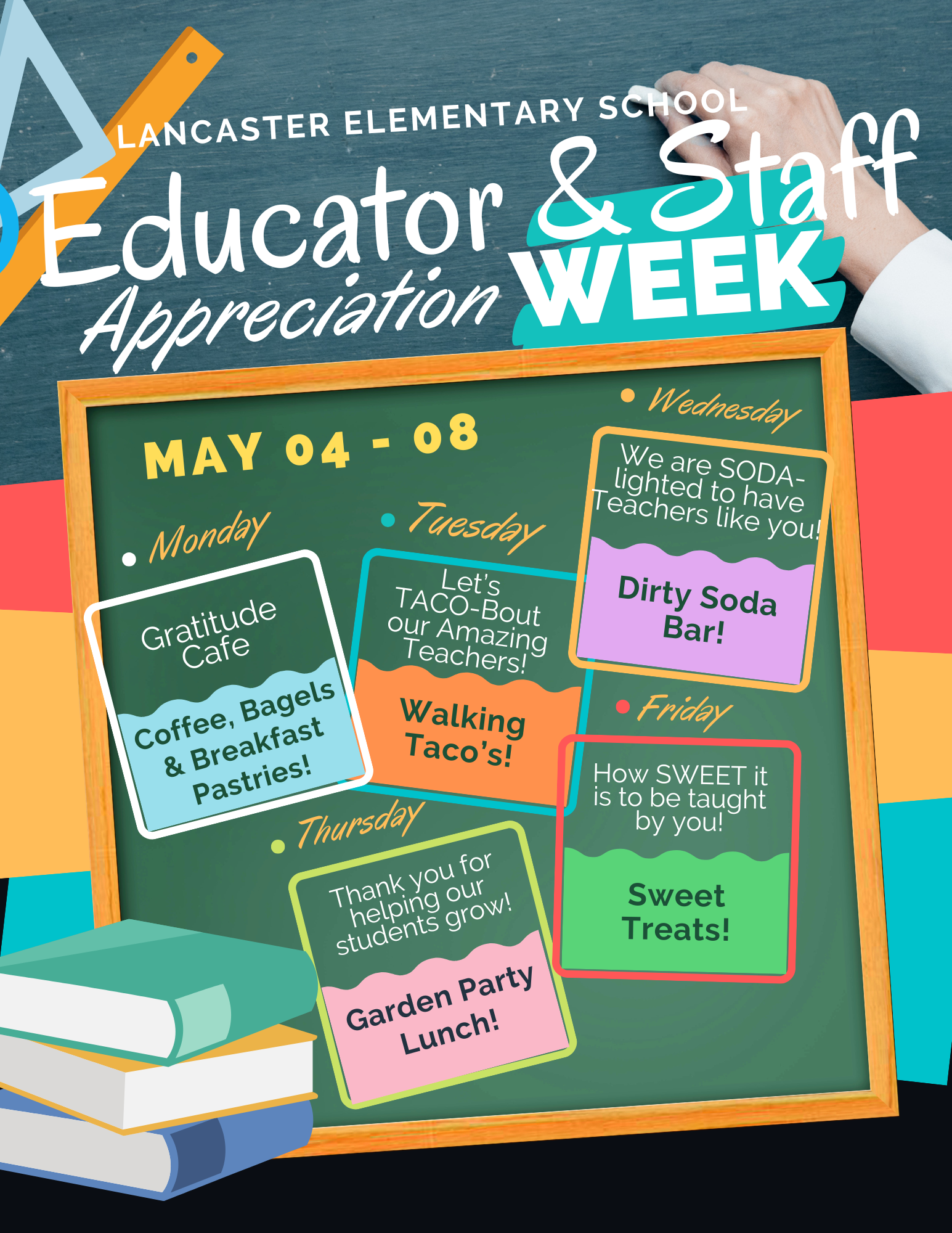 Lancaster Elementary School's Educator & Staff Appreciation Week schedule from May 4-8, featuring daily events like Gratitude Cafe and Walking Tacos.