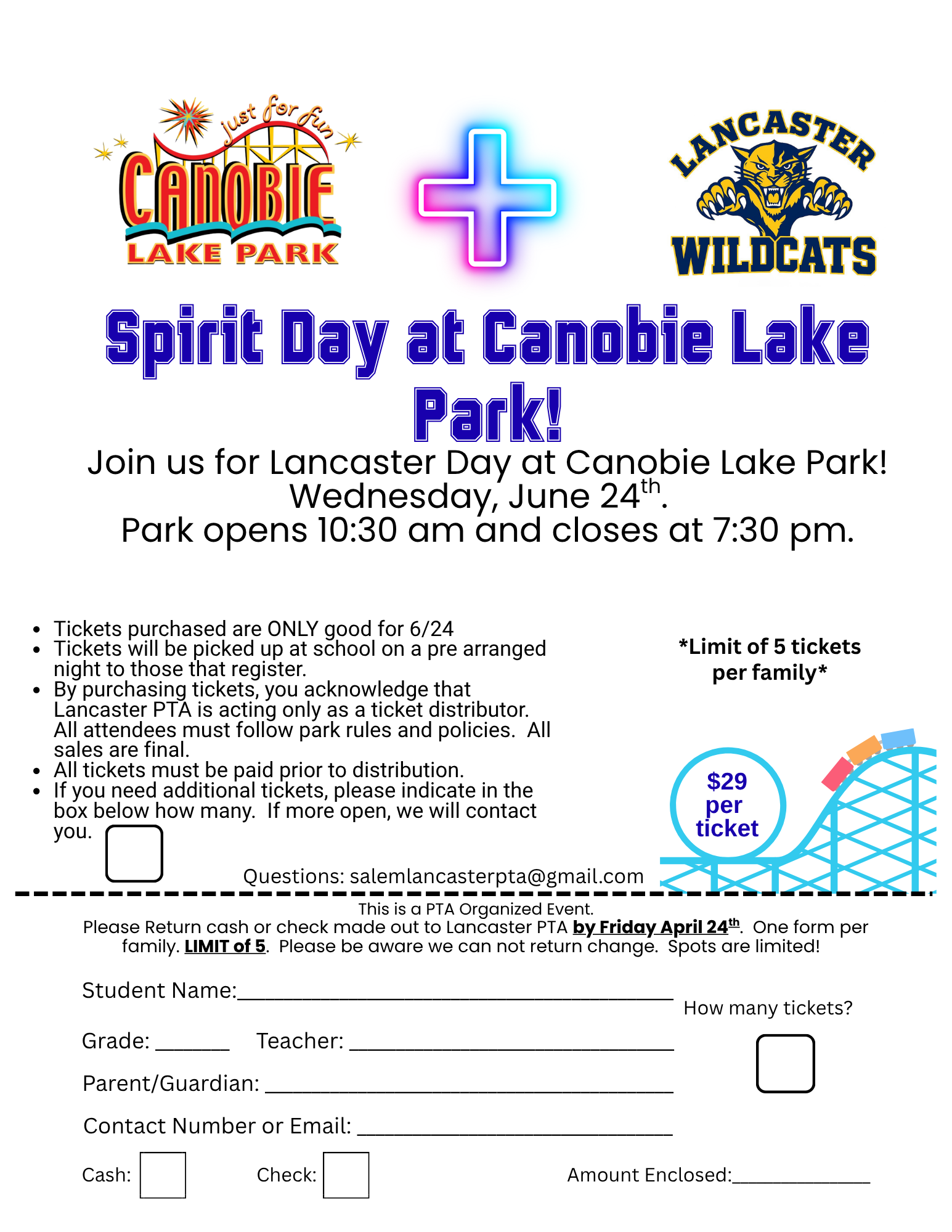 Flyer announcing "Spirit Day at Canobie Lake Park!" for Lancaster Day on Wednesday, June 24th.