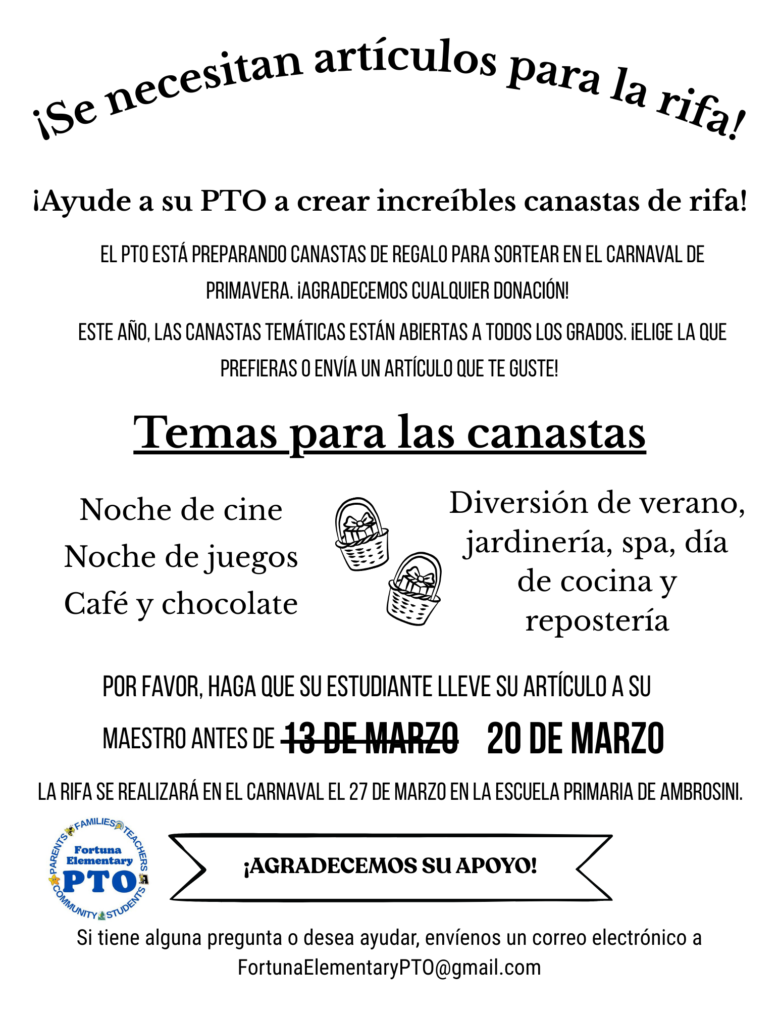 A flyer announces a raffle and requests item donations for gift baskets, with themes like 'Movie Night' and 'Summer Fun'.